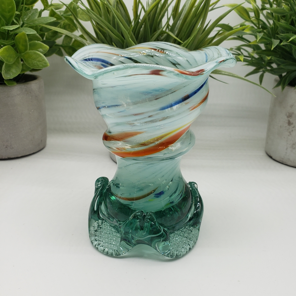 Teal Green Multicoloured Swirled Design Vintage Art Glass Vase
